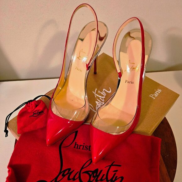Christian Louboutin Red & Clear Optisexy 100 Patent/PVC/SPEC EUC Sz 38.5 - Picture 1 of 10